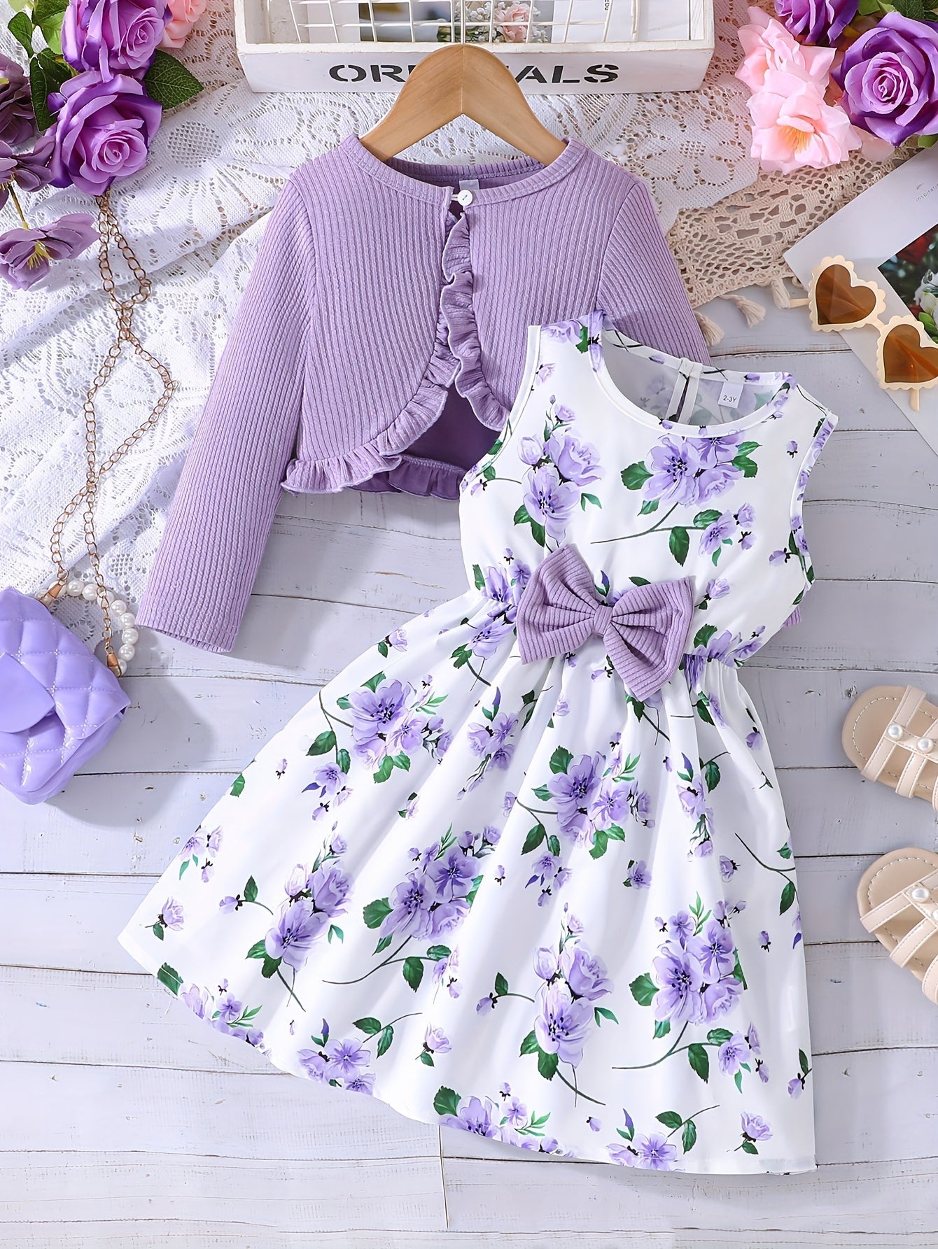 Girl Flower Print Vest Dress and Solid Jacket