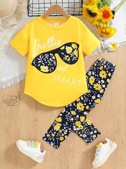 2 pcs Girls Party Outfit - Graphic Tee & Floral Leggings