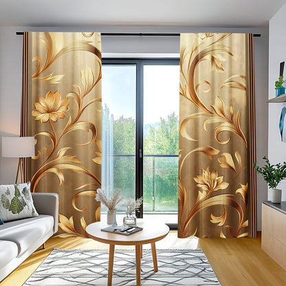 2pcs Elegant Golden Leaf Printed Curtains - Contemporary Floral Design, 100% Polyester