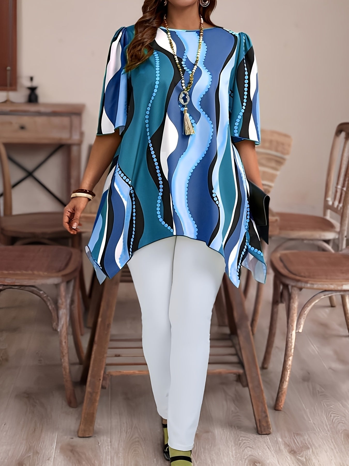 Women Black and White Abstract Print Top - Casualwear