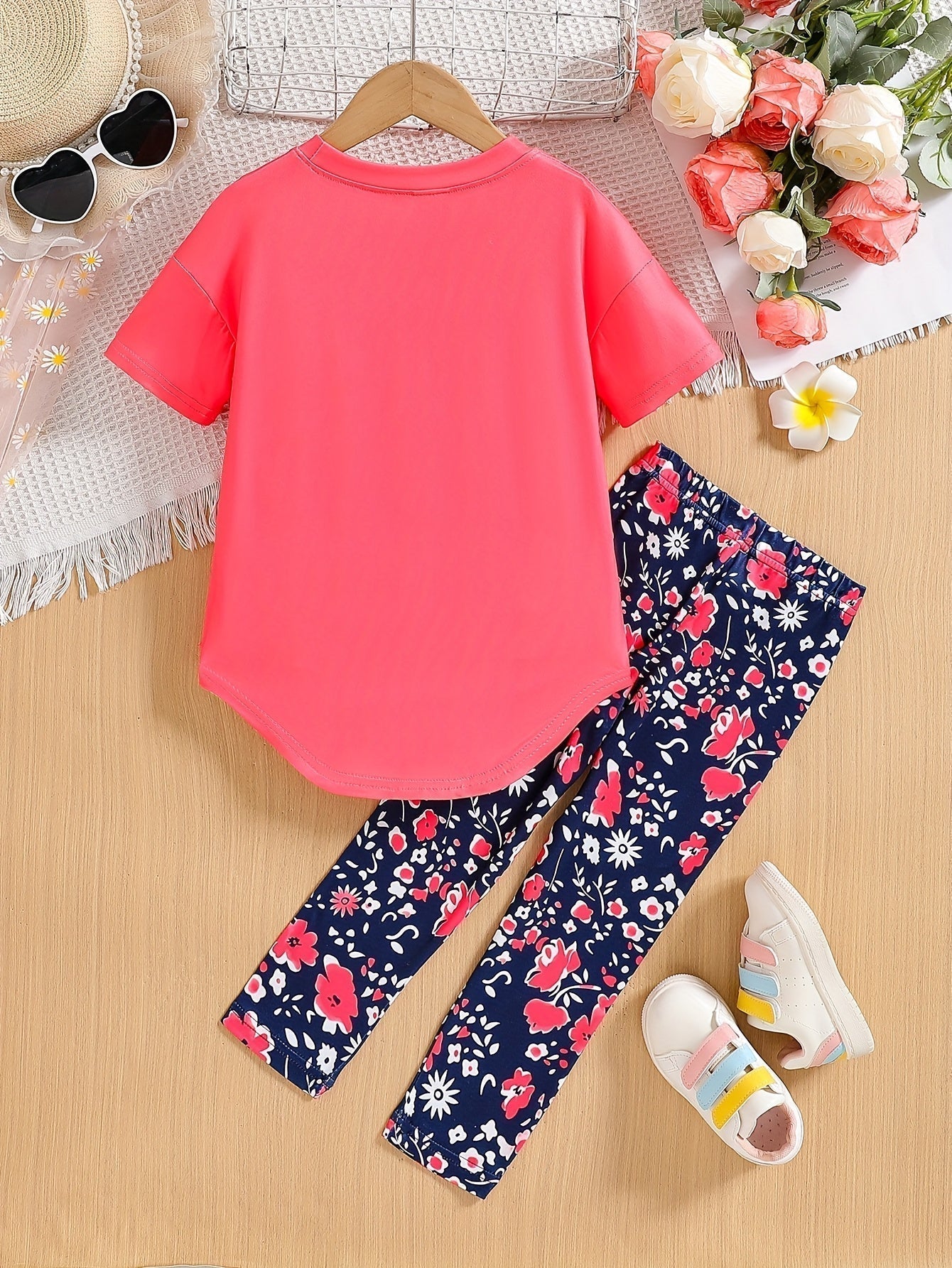 2 pcs Girls Party Outfit - Graphic Tee & Floral Leggings