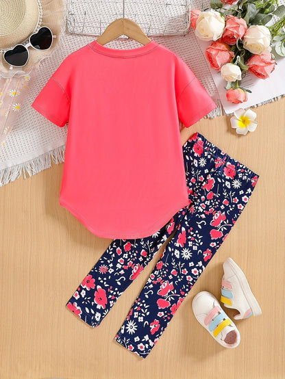 2 pcs Girls Party Outfit - Graphic Tee & Floral Leggings