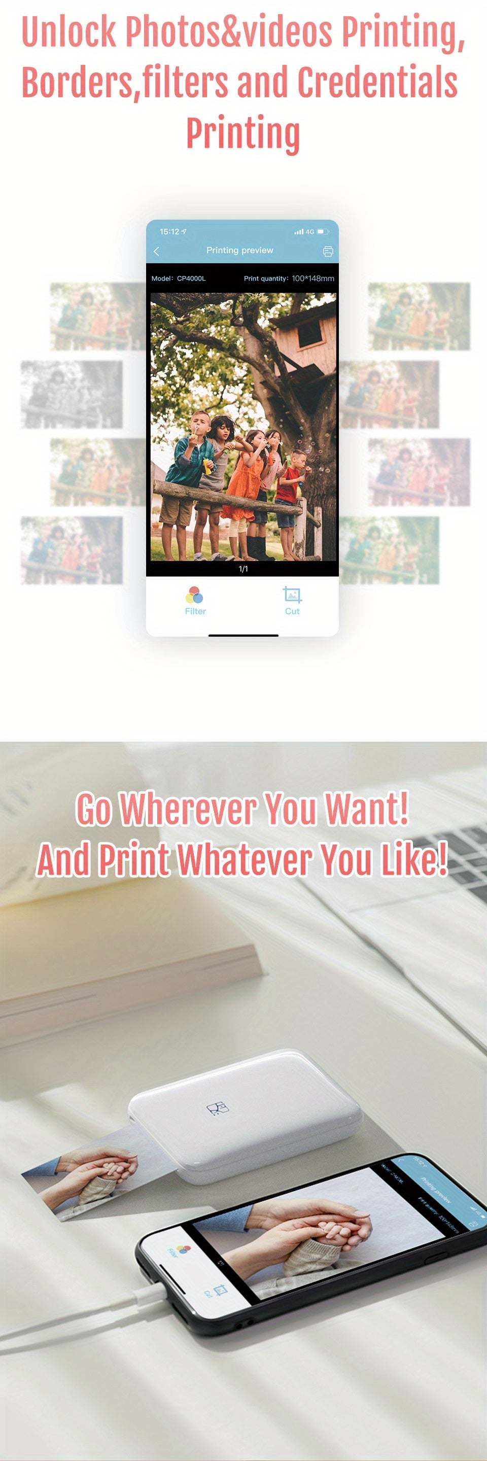 Wireless Portable Photo Printer - Mini Color, IOS/Android