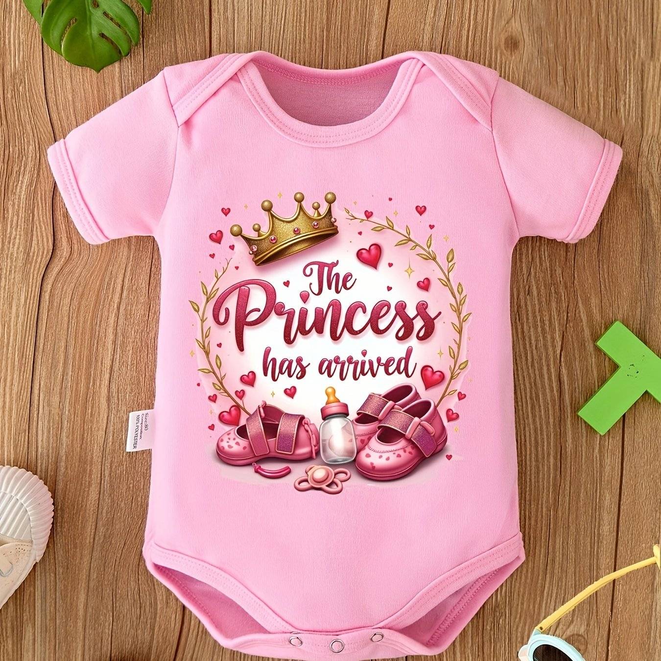 Pink Baby Bodysuit - Soft Polyester Crown & Heart Print Ideal