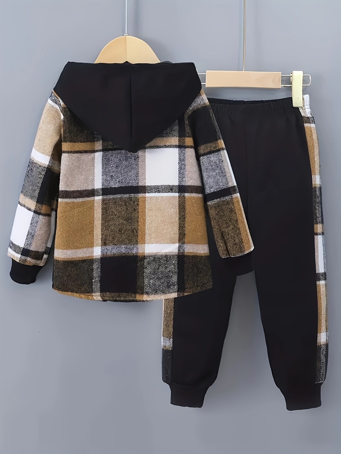 2 pcs Plaid Series Suit, Hooded Coat and Patchwork Pants Set