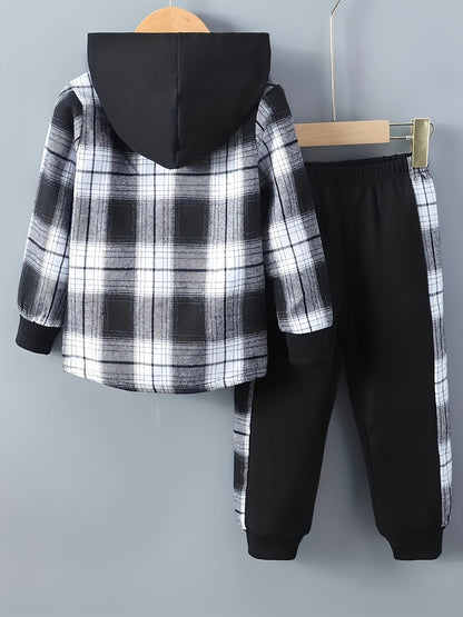 2 pcs Plaid Series Suit, Hooded Coat and Patchwork Pants Set