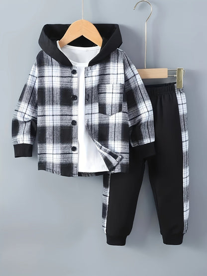 2 pcs Plaid Series Suit, Hooded Coat and Patchwork Pants Set