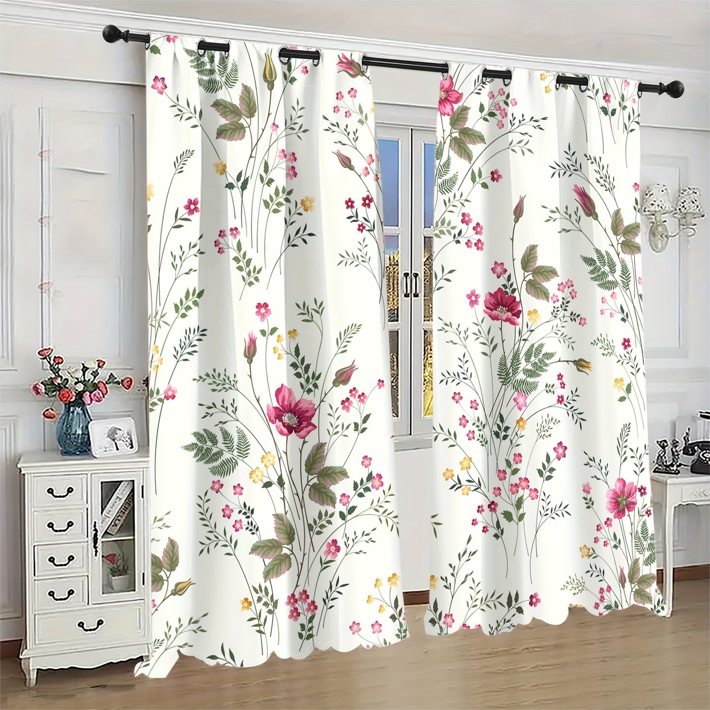 2pcs Spring Floral Green Plant Flower Digital Printing Living Room Curtains 100% Polyester