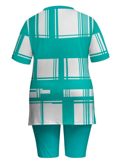 Women Plus Size Plaid Short Sleeve Set - Casual Style