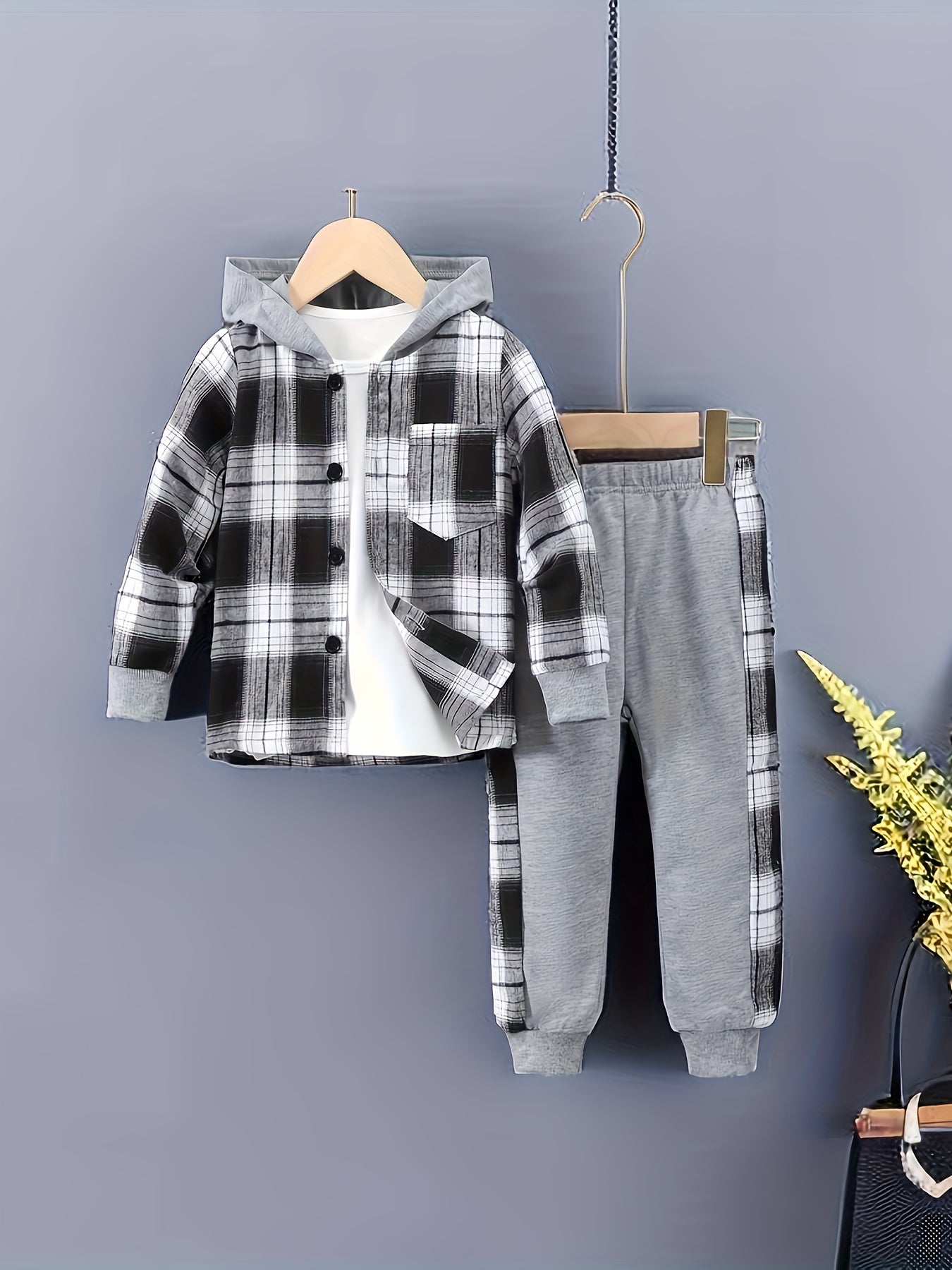 2 pcs Plaid Series Suit, Hooded Coat and Patchwork Pants Set