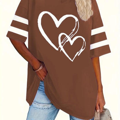 Plus-size heart-print V-neck tee with casual style in a slight stretch polyester blend.