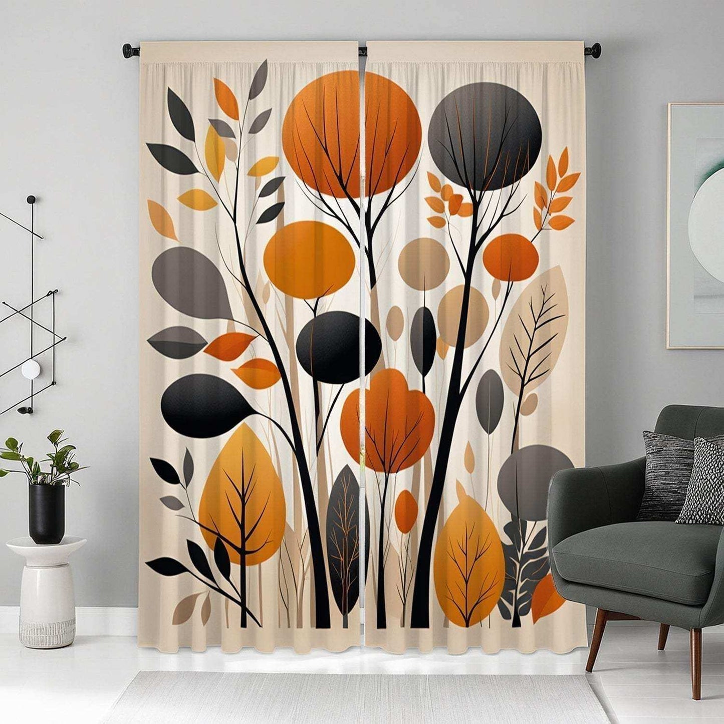 Abstract Orange Gray Leaf Curtains