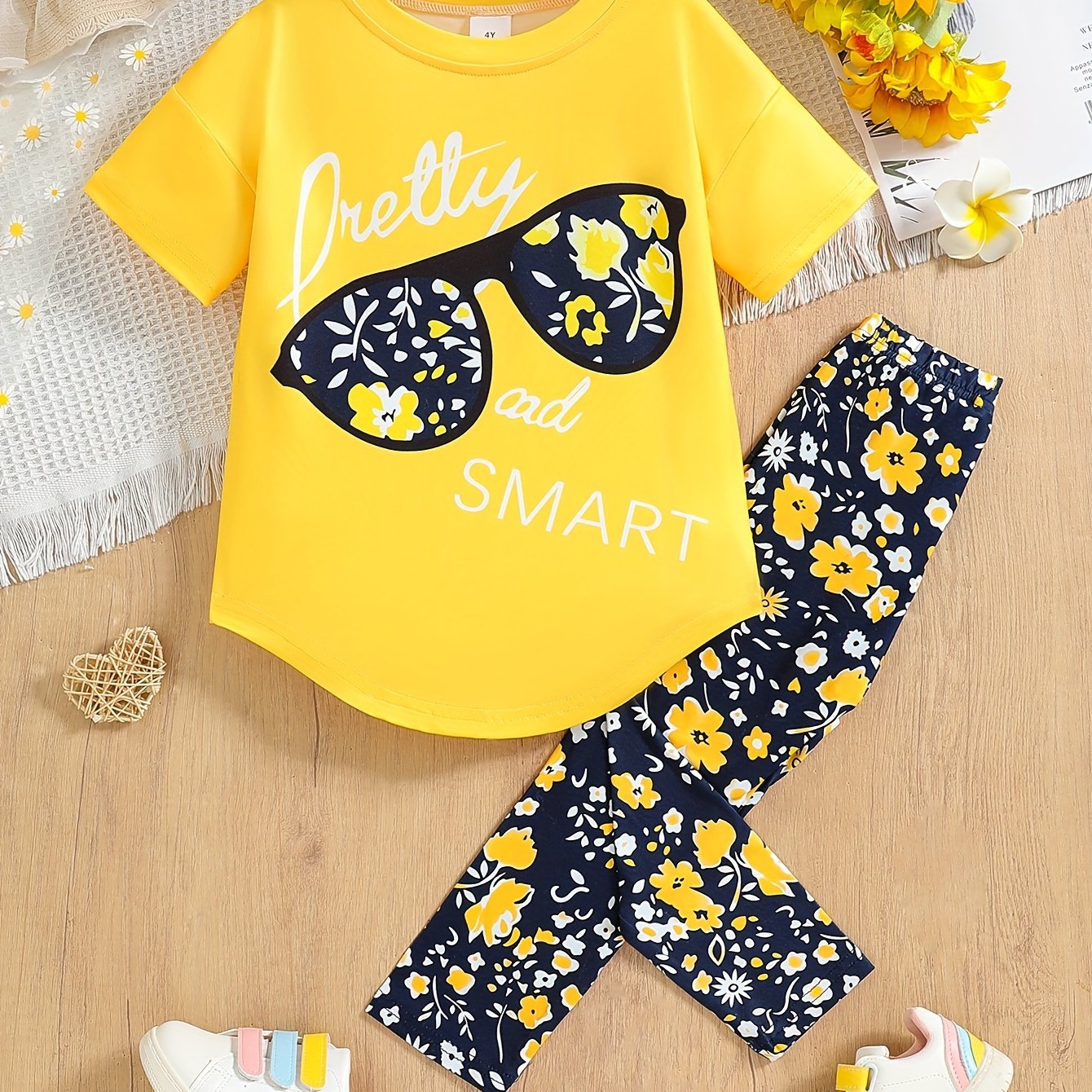 2 pcs Girls Party Outfit - Graphic Tee & Floral Leggings