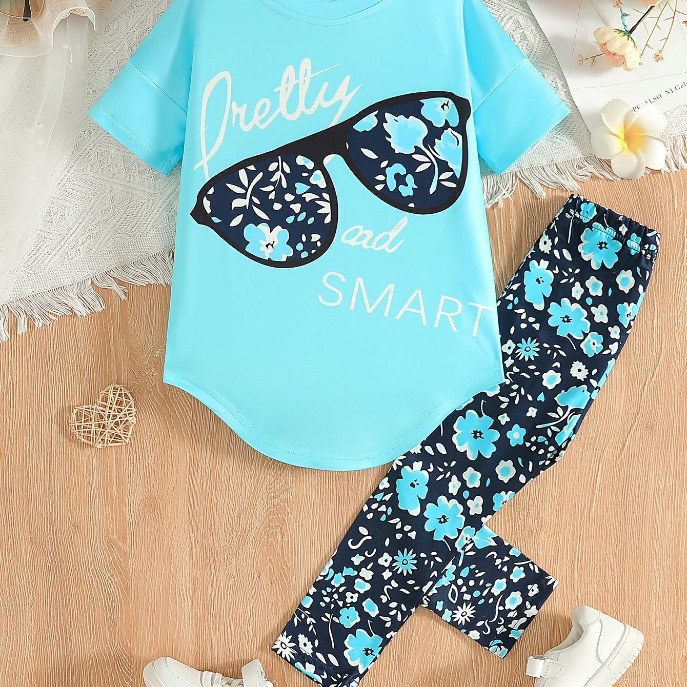2 pcs Girls Party Outfit - Graphic Tee & Floral Leggings