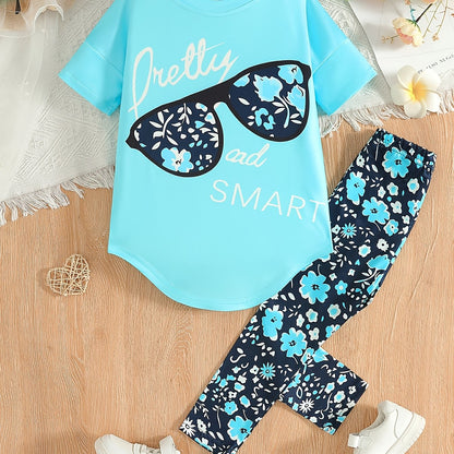 2 pcs Girls Party Outfit - Graphic Tee & Floral Leggings
