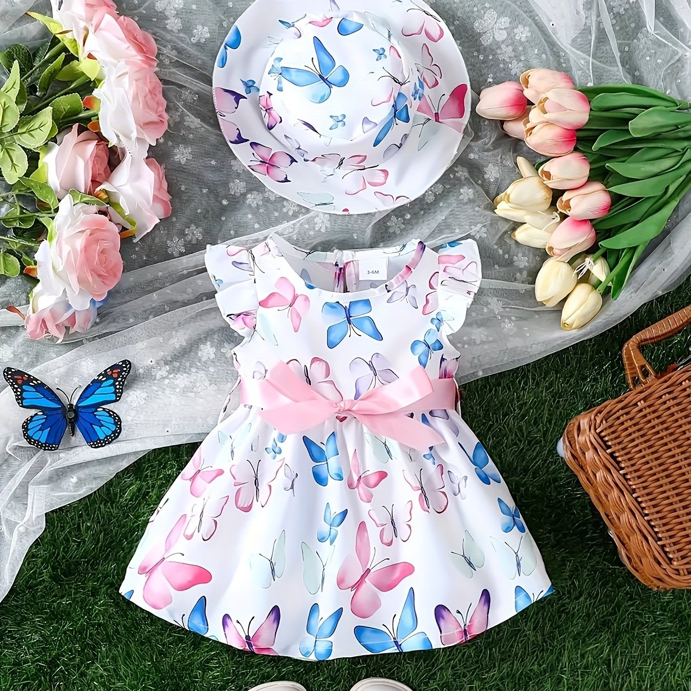 Girls Butterfly Print Dress and Hat Set - Adorable Holiday Outfit