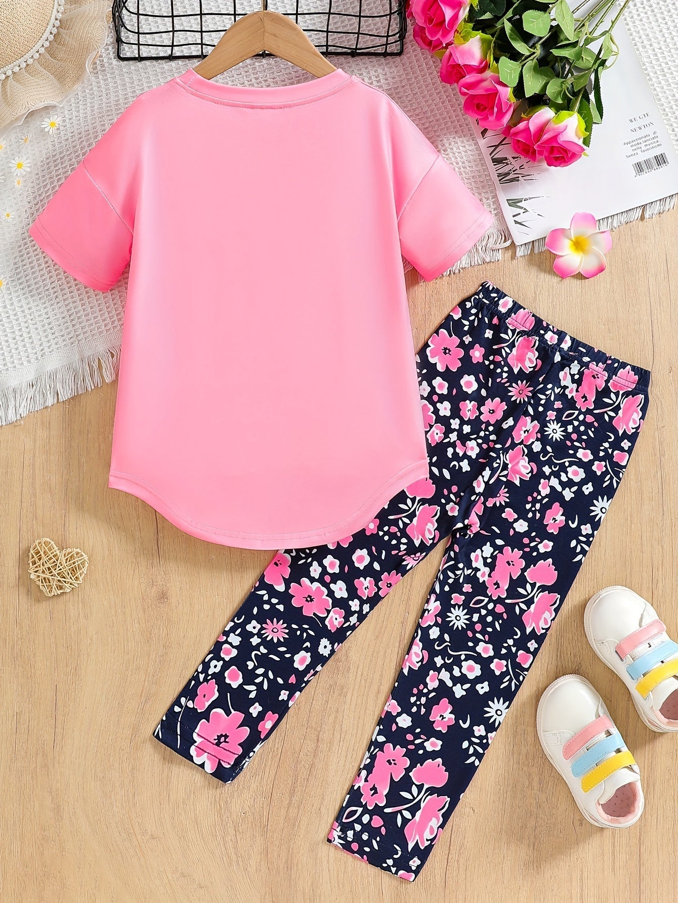 2 pcs Girls Party Outfit - Graphic Tee & Floral Leggings