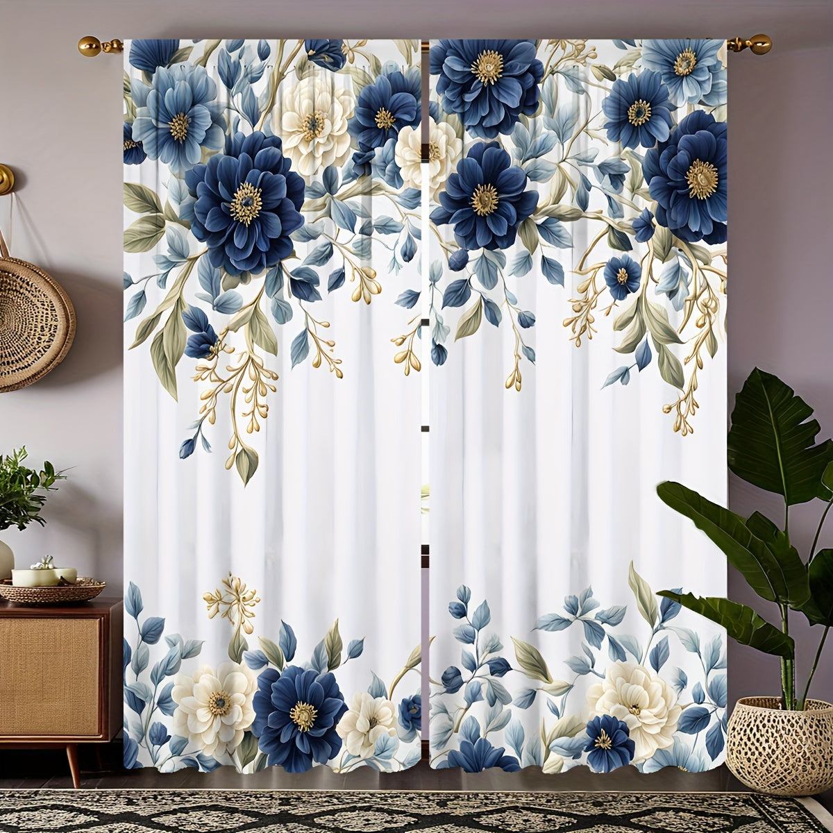 White Curtains with Blue Flowers