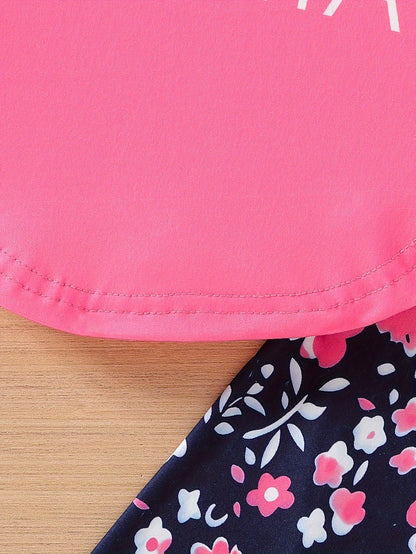 2 pcs Girls Party Outfit - Graphic Tee & Floral Leggings