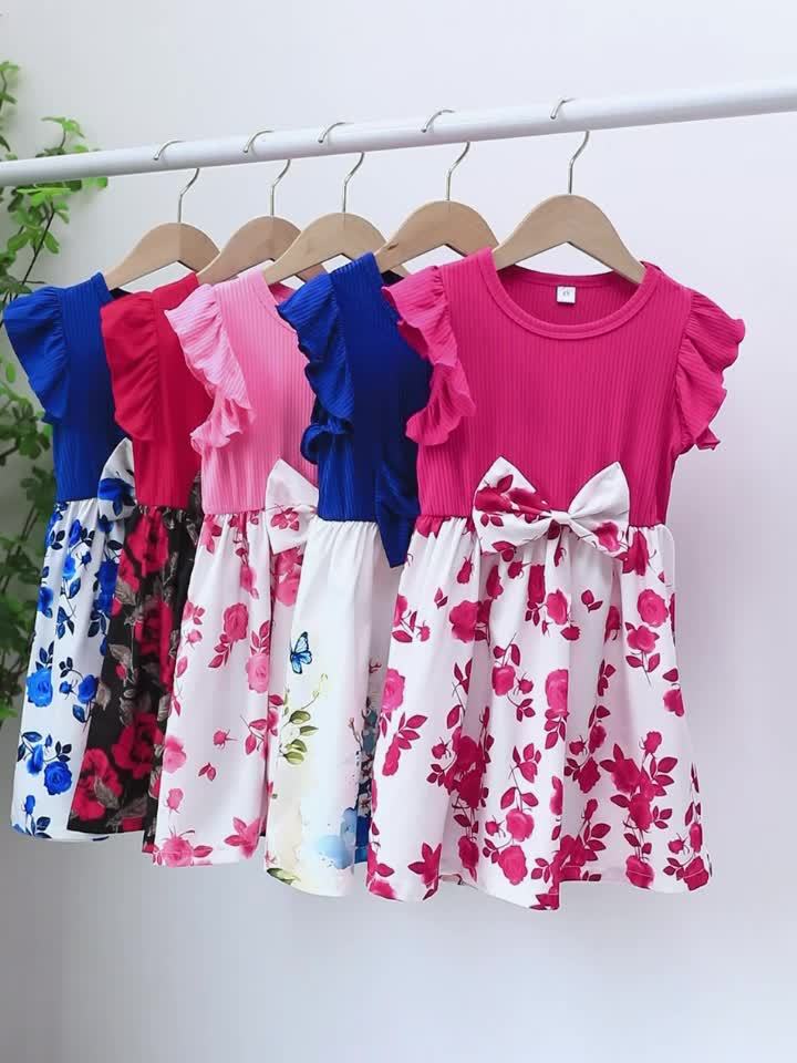 Elegant Rose Print Ruffle Dress for Girls, Bow Waist and Outdoor
