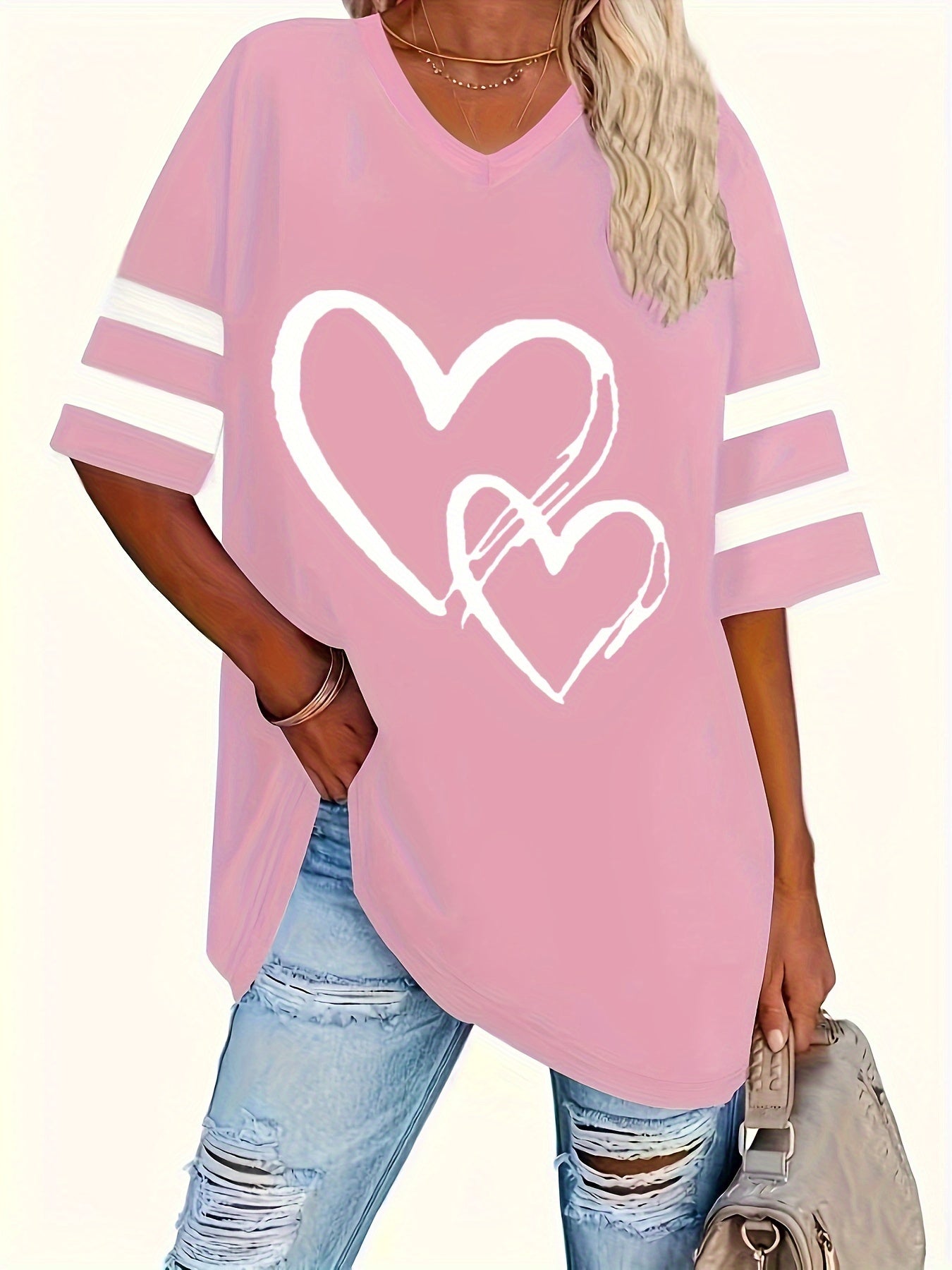 Plus-size V-neck tee with heart print design, slight stretch fabric.