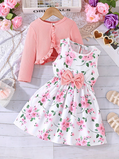 Girl Flower Print Vest Dress and Solid Jacket