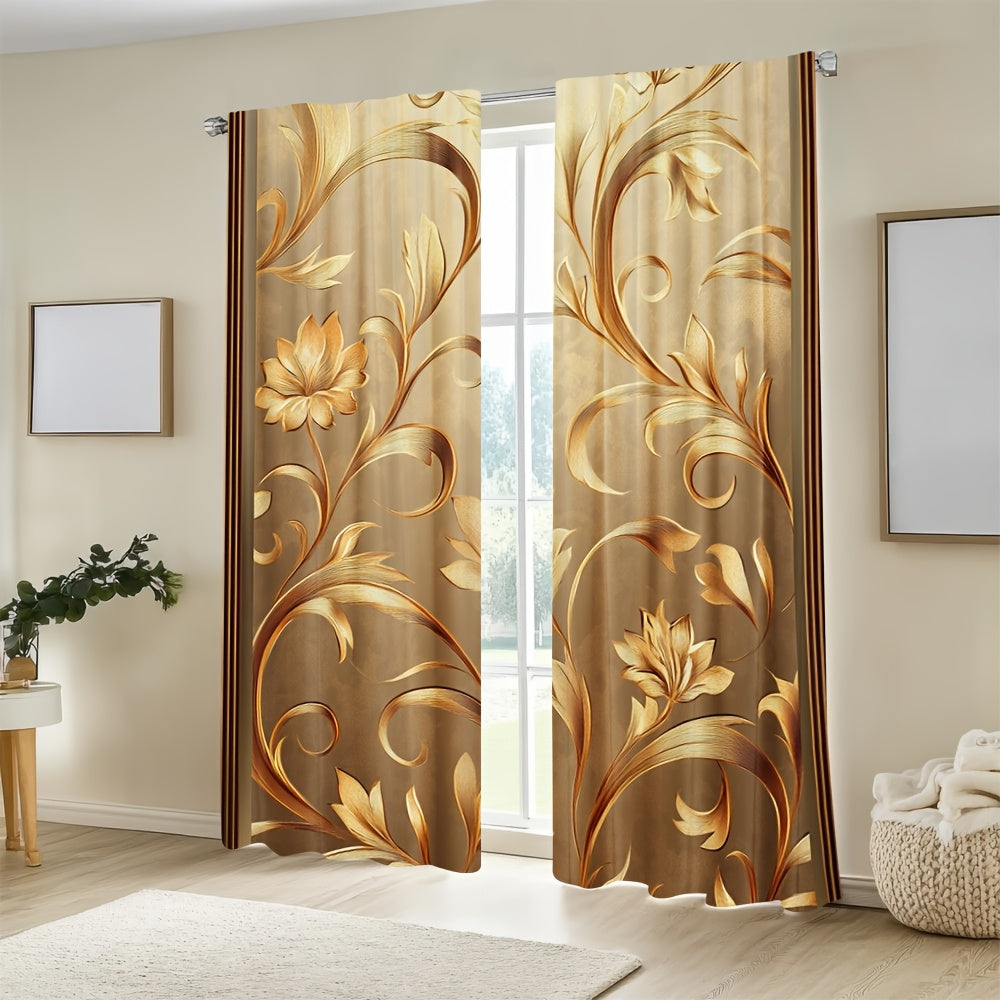2pcs Elegant Golden Leaf Printed Curtains - Contemporary Floral Design, 100% Polyester