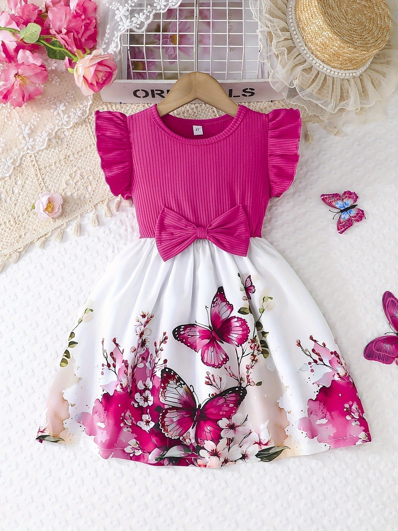 Elegant Rose Print Ruffle Dress for Girls, Bow Waist and Outdoor
