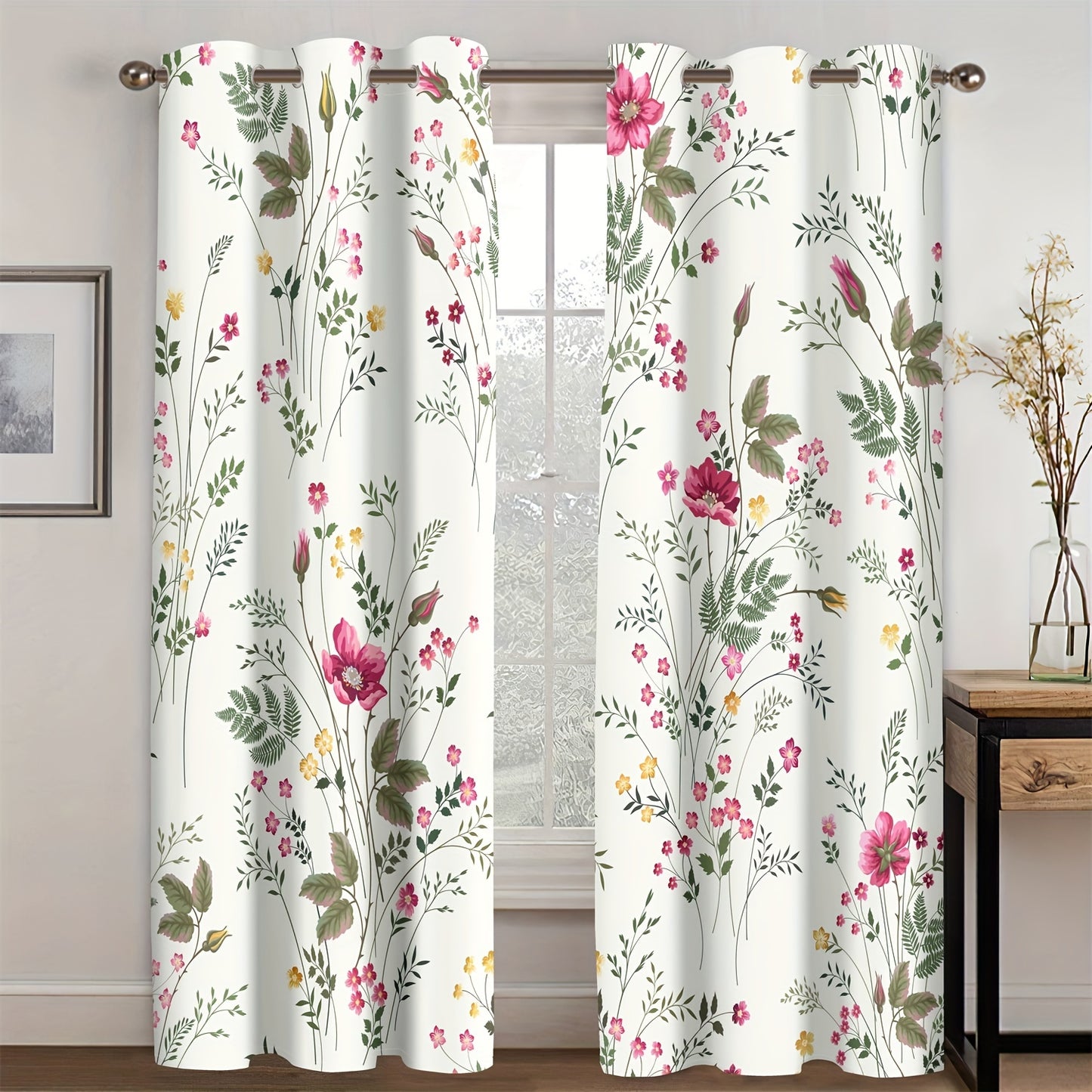 2pcs Spring Floral Green Plant Flower Digital Printing Living Room Curtains 100% Polyester