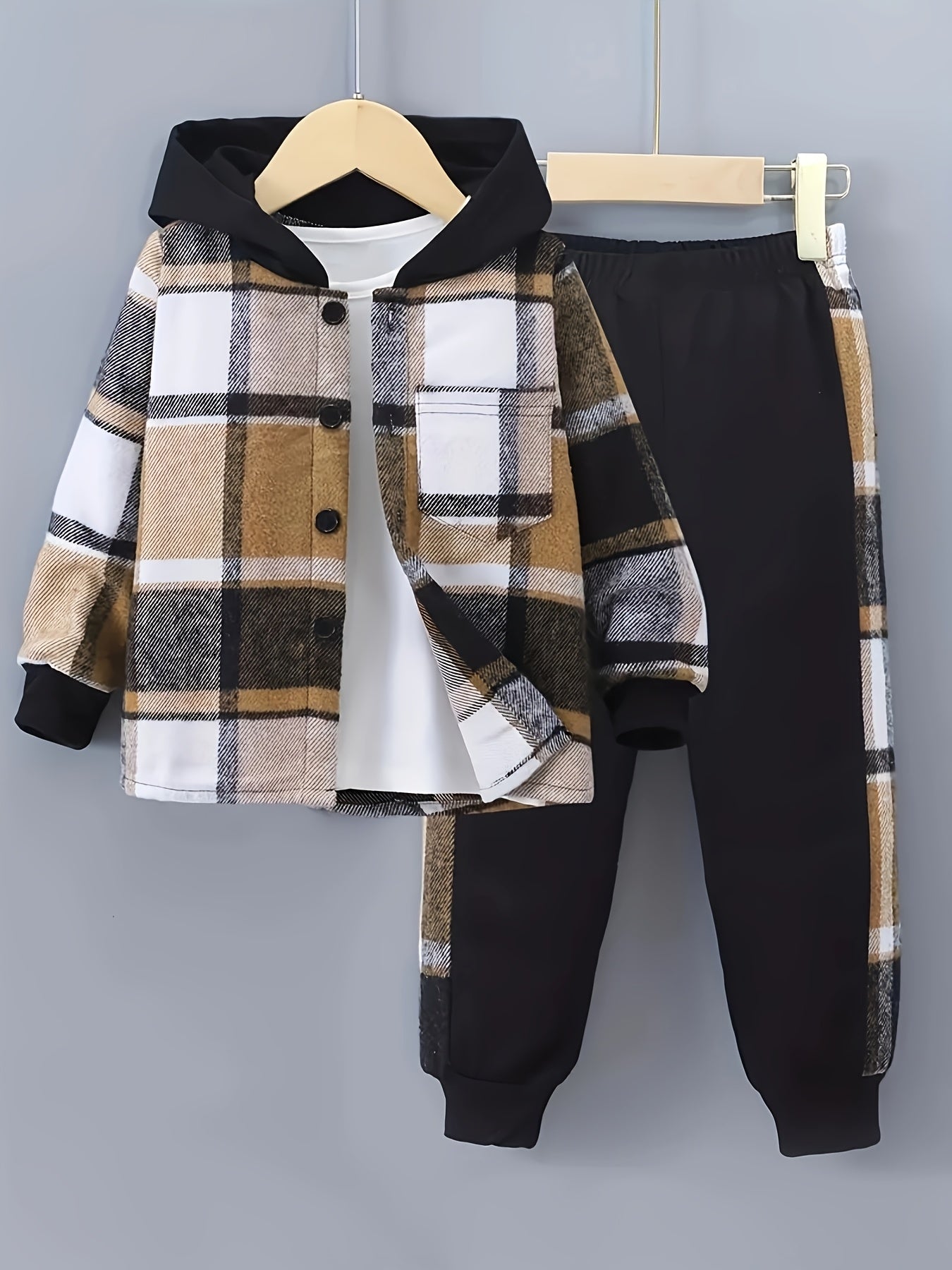 2 pcs Plaid Series Suit, Hooded Coat and Patchwork Pants Set