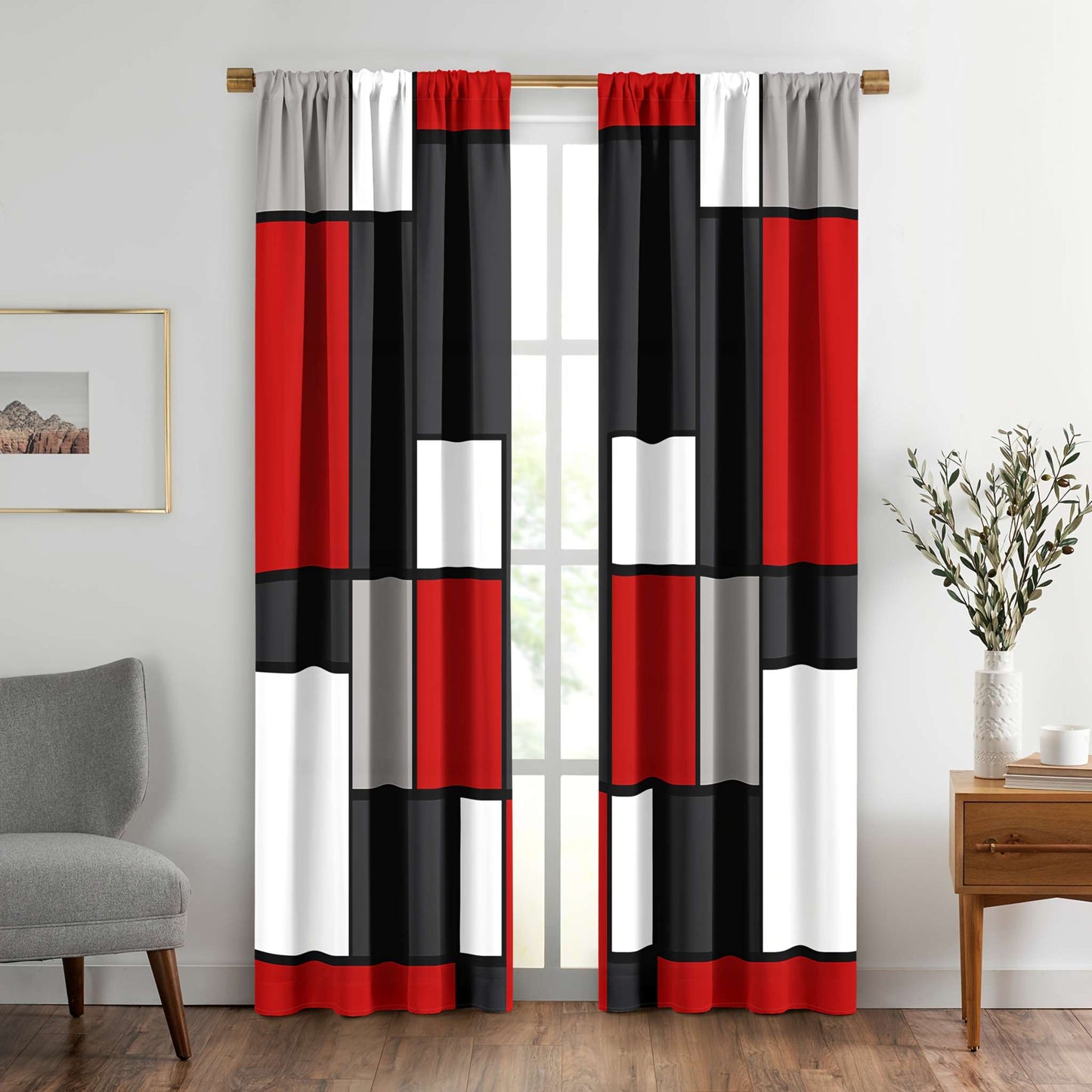 2pcs Modern plaid curtains in red and grey