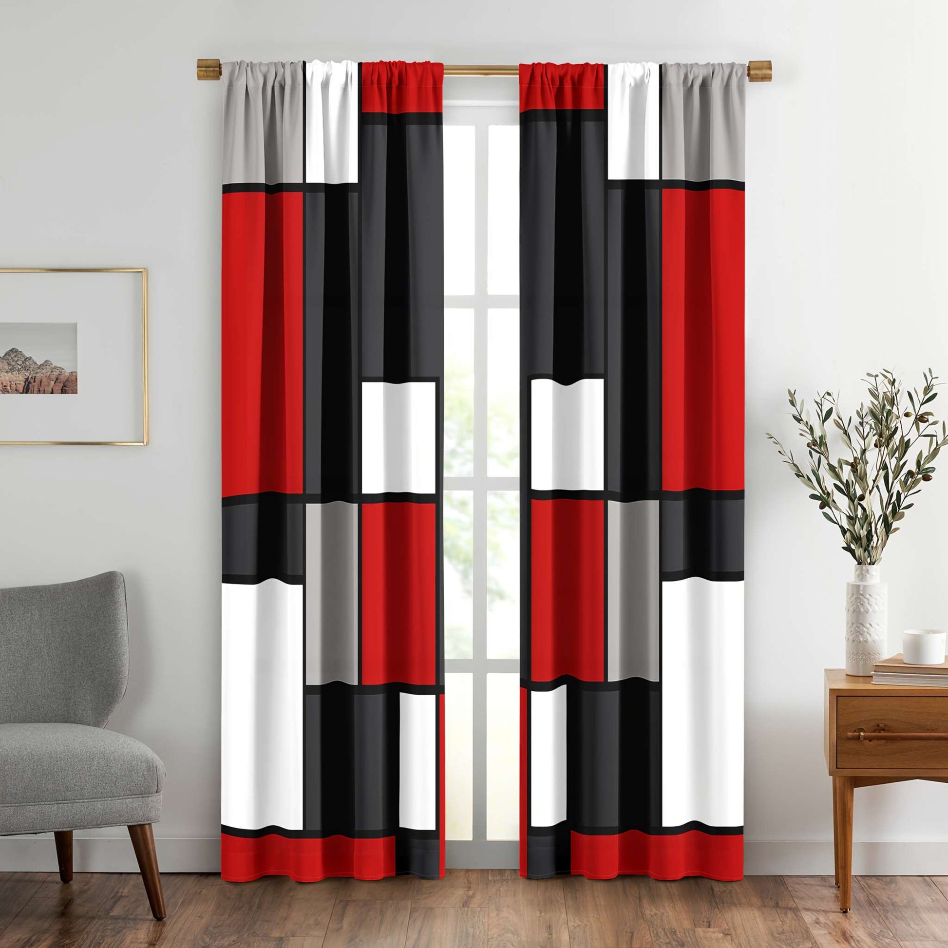 2pcs Modern plaid curtains in red and grey