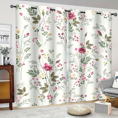 2pcs Spring Floral Green Plant Flower Digital Printing Living Room Curtains 100% Polyester