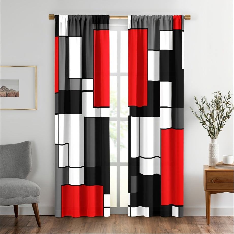 2pcs Modern plaid curtains in red and grey