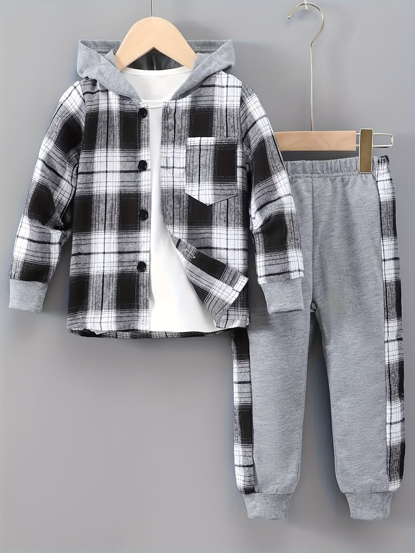 2 pcs Plaid Series Suit, Hooded Coat and Patchwork Pants Set