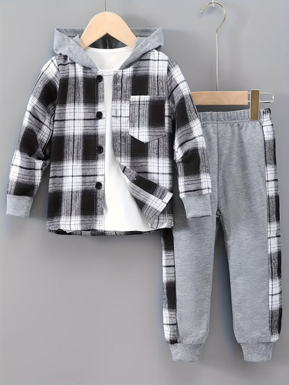 2 pcs Plaid Series Suit, Hooded Coat and Patchwork Pants Set