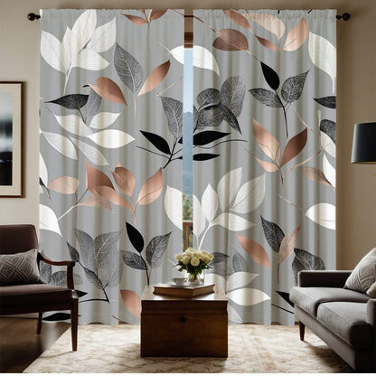 Light Gray Curtains with Colorful Leaf Print, Rod Pocket Design
