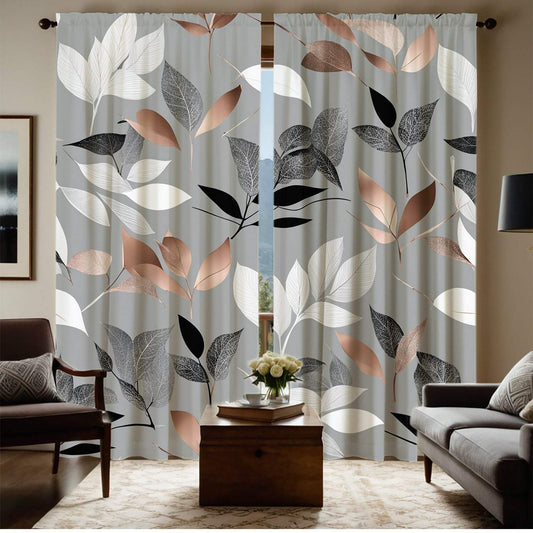 Light Gray Curtains with Colorful Leaf Print, Rod Pocket Design