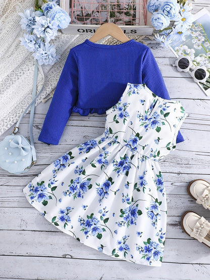 Girl Flower Print Vest Dress and Solid Jacket