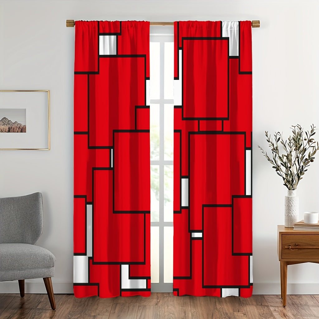 2pcs Modern plaid curtains in red and grey