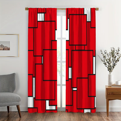 2pcs Modern plaid curtains in red and grey