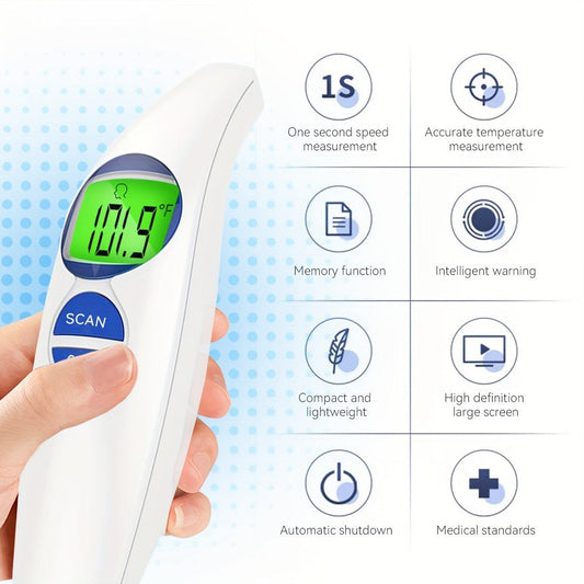 3-in-1 digital touchless forehead thermometer with LCD display, fever alarm, memory function, and features displayed.
