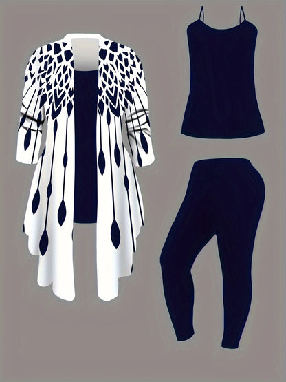 Plus Size Leopard Cardigan, Tank Top & Pants Set - Stretchy & Stylish