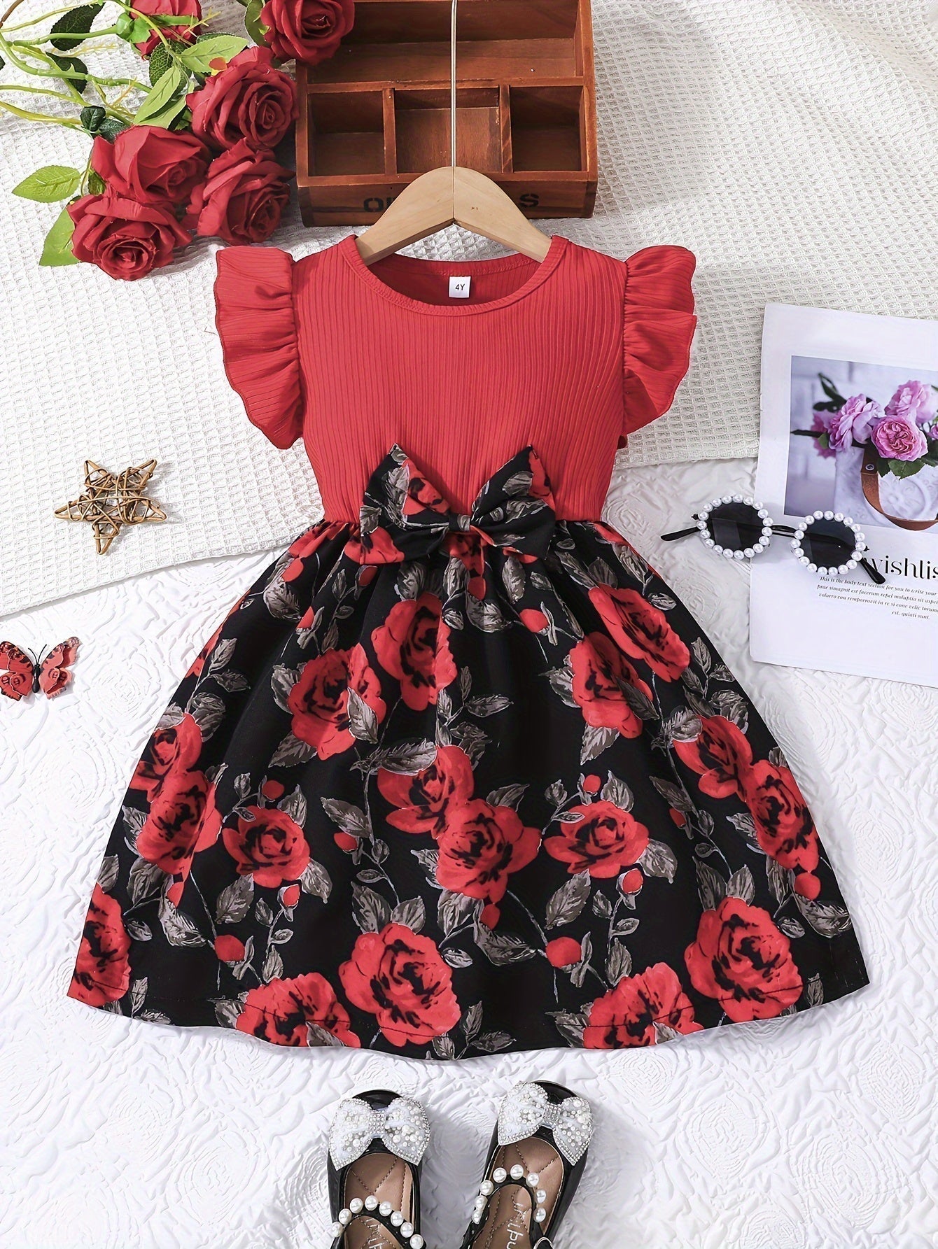 Elegant Rose Print Ruffle Dress for Girls, Bow Waist and Outdoor
