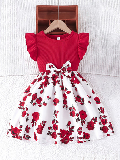 Elegant Rose Print Ruffle Dress for Girls, Bow Waist and Outdoor