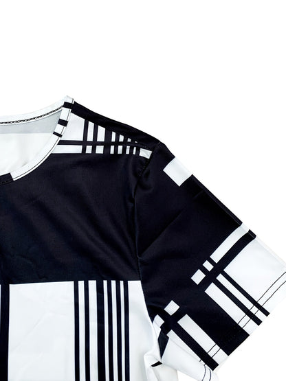 New Summer Elegant Women T-shirt with Black Plaid Print