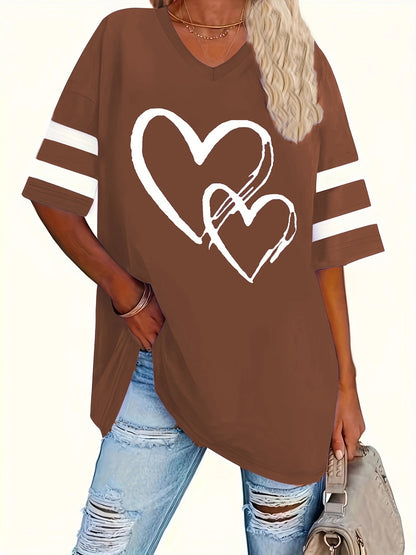 Plus-size V-neck tee with heart print design, featuring a casual style and slight stretch fabric.