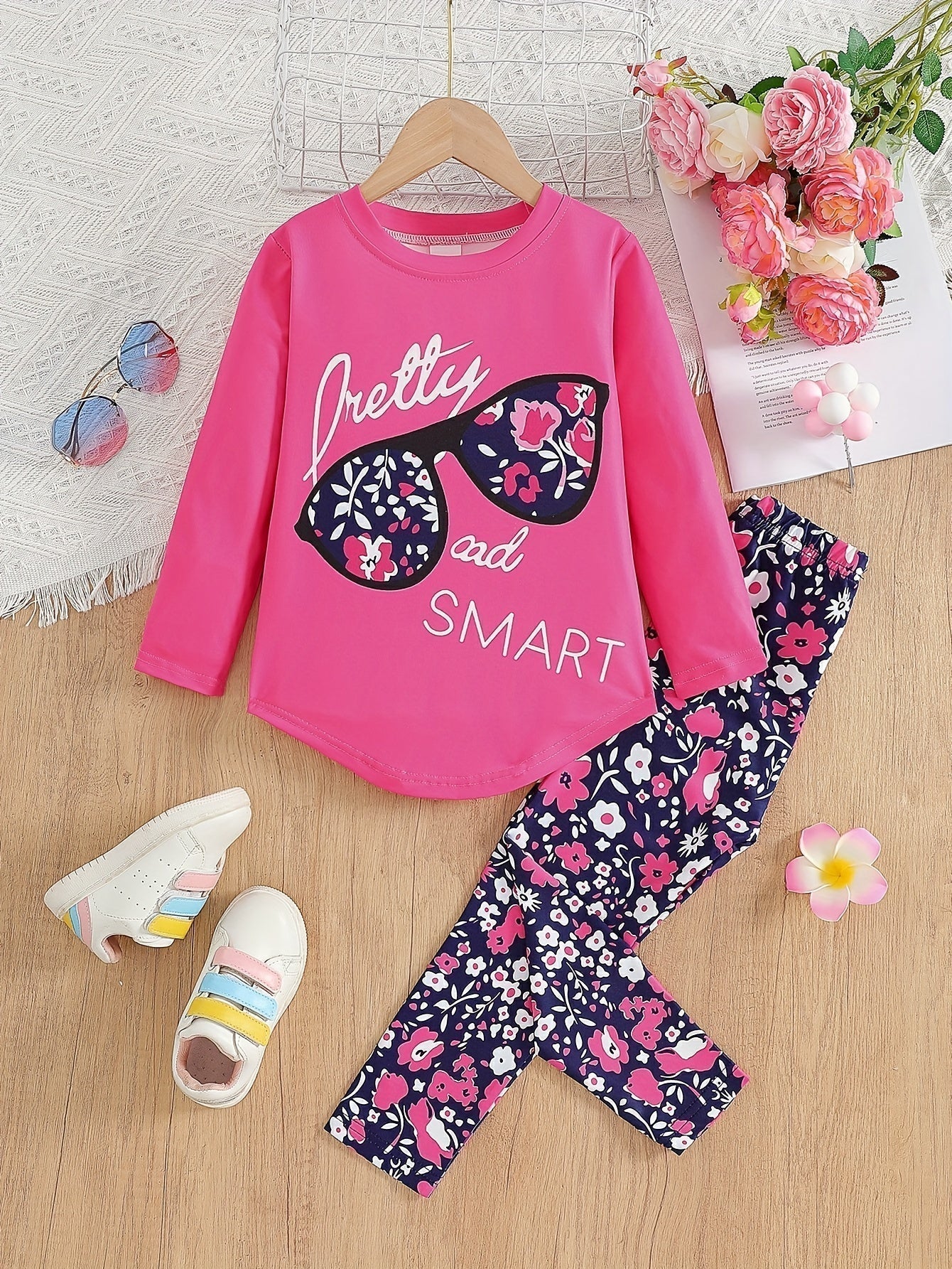 2 pcs Girls Party Outfit - Graphic Tee & Floral Leggings