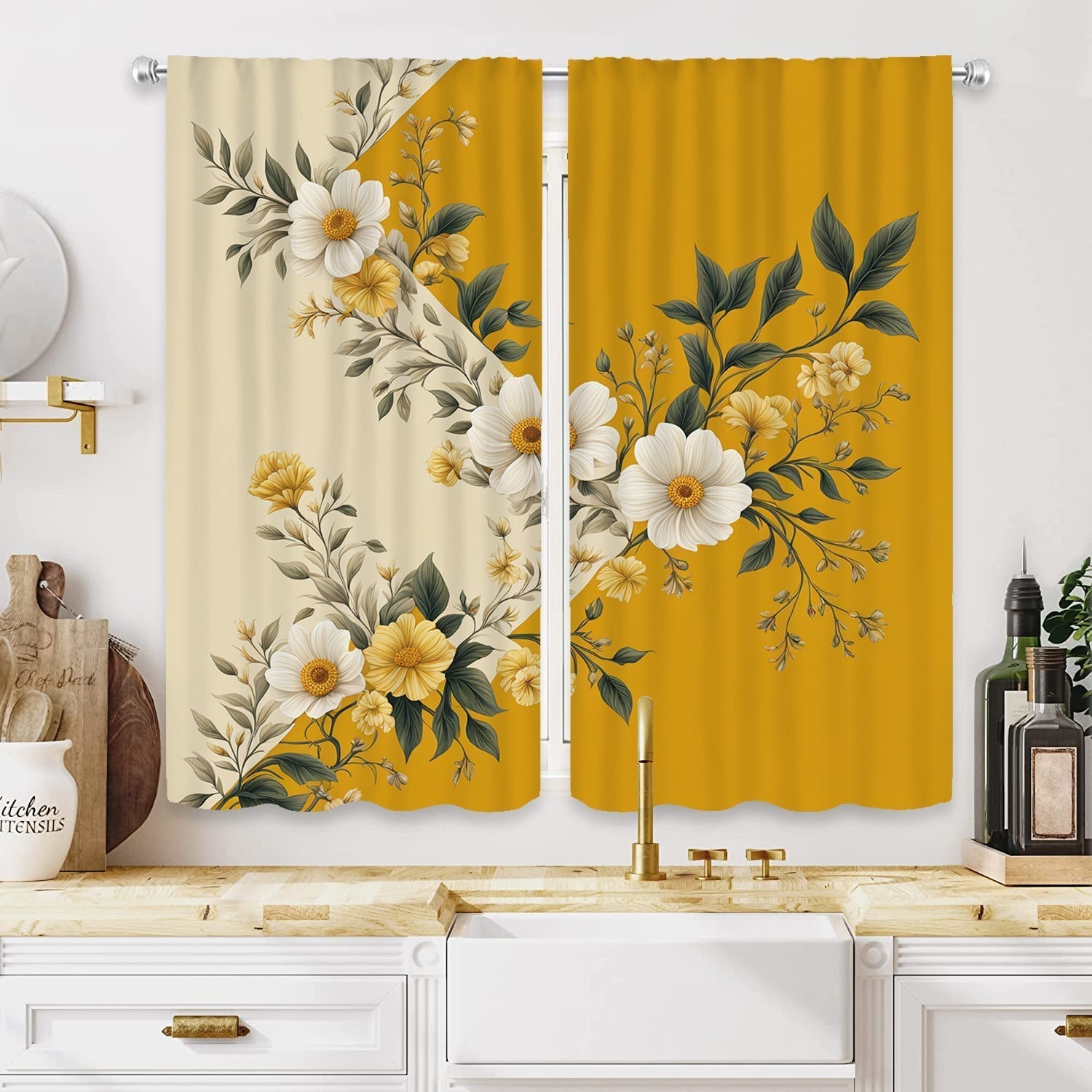 Yellow Floral Semi-Sheer Curtains, Washable, Rod Pocket, Unlined