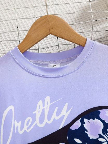 2 pcs Girls Party Outfit - Graphic Tee & Floral Leggings